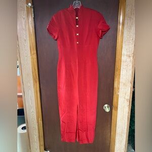 Dana Buchman 100% Red Silk Long Sheath Collared Dress Gold Accents Sz 6